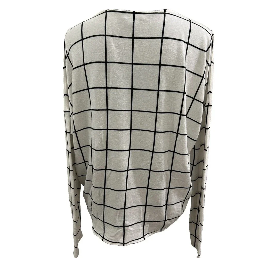 J.Crew Womens Sz L Top White With Black Grid 3/4 Sleeve Round Neck Tie Bottom